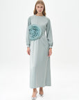 Sage Satin Dress with Rose Motif