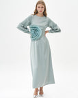 Sage Satin Dress with Rose Motif