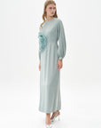 Sage Satin Dress with Rose Motif