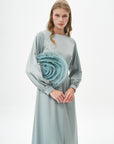 Sage Satin Dress with Rose Motif