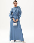 Satin Dress with Rose Motif Crown Blue