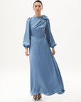Satin Dress with Rose Motif Crown Blue