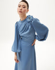 Satin Dress with Rose Motif Crown Blue