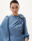 Satin Dress with Rose Motif Crown Blue