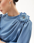 Satin Dress with Rose Motif Crown Blue