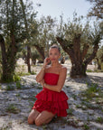 Mila Red Linen Strapless Mini Dress