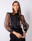 Shirt Collar Sleeves Organza Lined Blouse Black