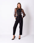 Shirt Collar Sleeves Organza Lined Blouse Black
