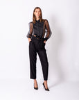 Shirt Collar Sleeves Organza Lined Blouse Black
