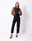 Shirt Collar Sleeves Organza Lined Blouse Black