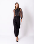 Shirt Collar Sleeves Organza Lined Blouse Black