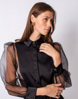 Shirt Collar Sleeves Organza Lined Blouse Black