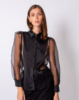 Shirt Collar Sleeves Organza Lined Blouse Black
