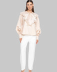 Organza Flared Collar Embroidered And Lace Beige Blouse Fınal Item - Porterist 1