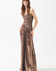 Copper Shiny Strapless Draped Slit Long Dress Fınal Item - Porterist 1