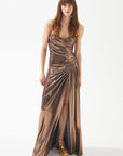 Copper Shiny Strapless Draped Slit Long Dress Fınal Item - Porterist 3