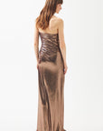 Copper Shiny Strapless Draped Slit Long Dress Fınal Item - Porterist 4