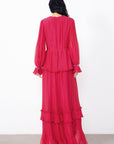 Pleated V Neck Long Fuchsia Dress Fınal Item - Porterist 3