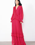 Pleated V Neck Long Fuchsia Dress Fınal Item - Porterist 1