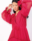 Pleated V Neck Long Fuchsia Dress Fınal Item - Porterist 2