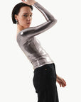 Single Shoulder Long Sleeve Glossy Bodysuit Silver - Porterist 1