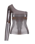 Single Shoulder Long Sleeve Glossy Bodysuit Silver - Porterist 5