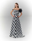 Boat Neck Striped Maxi Length Taffeta Dress Black Ecru - Porterist 1