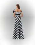 Boat Neck Striped Maxi Length Taffeta Dress Black Ecru - Porterist 2
