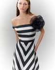Boat Neck Striped Maxi Length Taffeta Dress Black Ecru - Porterist 3