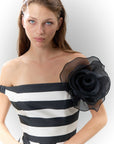 Boat Neck Striped Maxi Length Taffeta Dress Black Ecru - Porterist 4