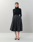 Taffeta Pleated Midi Length Skirt Black
