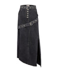 Black Denim Skirt with Button Front Grommet Belt and Side Slits