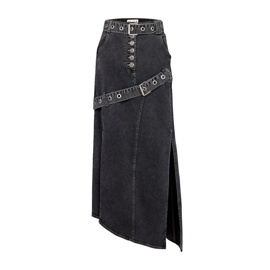 Black Denim Skirt with Button Front Grommet Belt and Side Slits