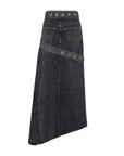 Black Denim Skirt with Button Front Grommet Belt and Side Slits