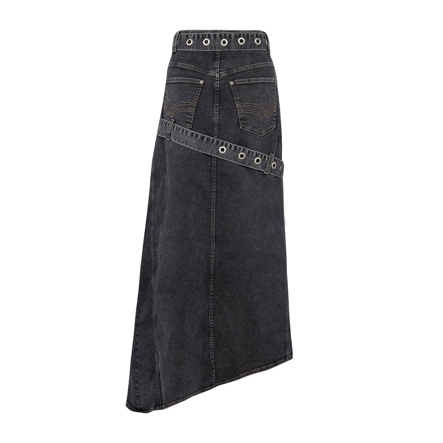 Black Denim Skirt with Button Front Grommet Belt and Side Slits