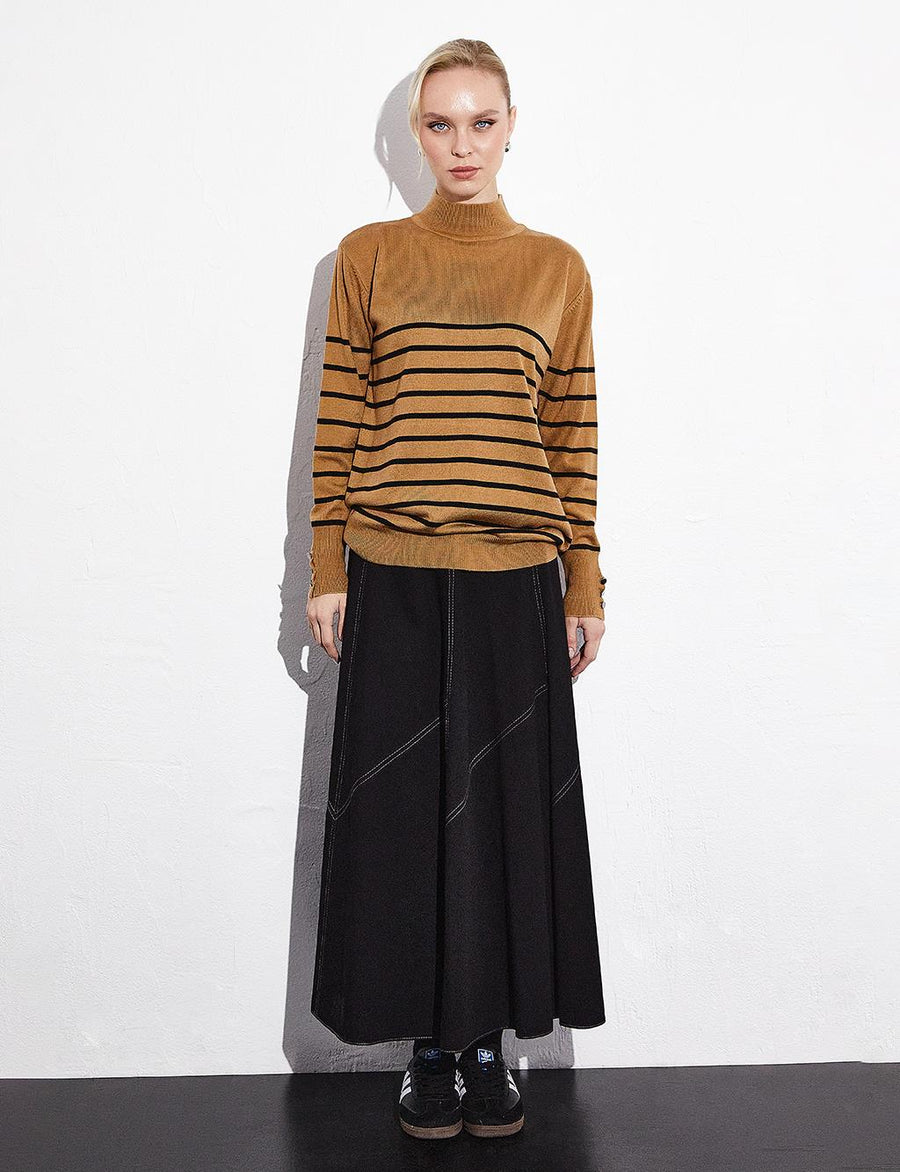 Turtleneck Striped Knitwear Blouse Beige Black