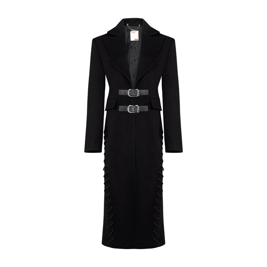 Black Coat with Belted Front Side Eyelets and Drawstring Detail