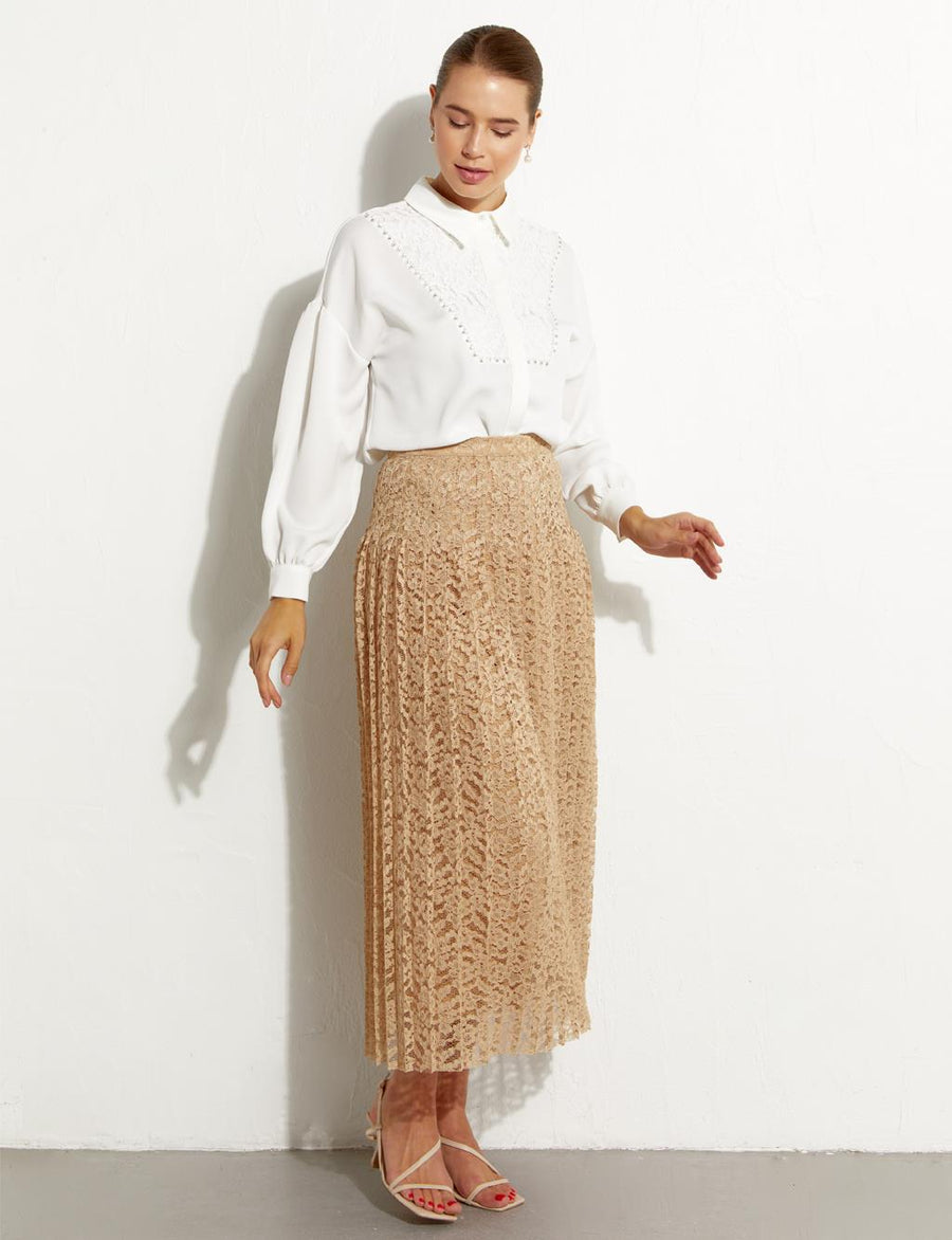 Pleated Lace Skirt Sand Beige