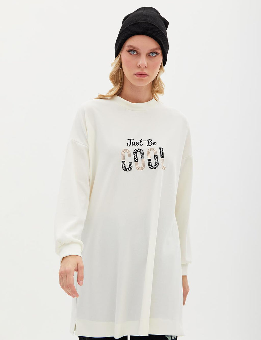 Slogan Embroidered Sweat Ecru