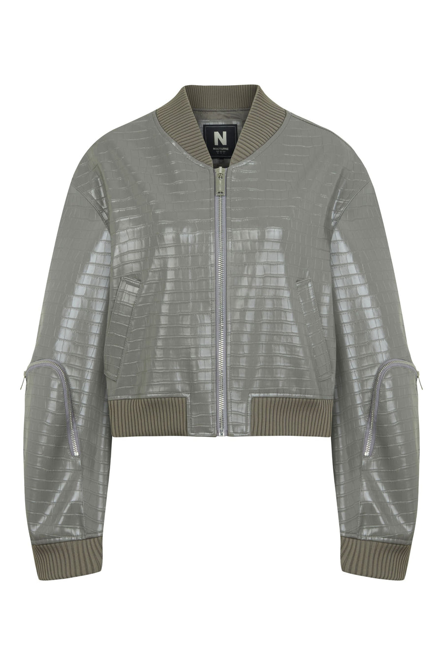 Gray Faux Leather Bomber Jacket