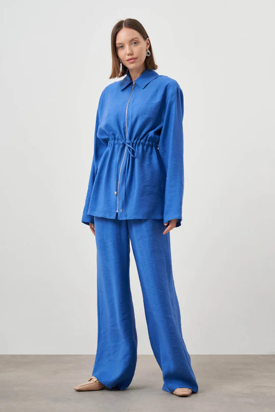 Mizalle Cinched Waist Shirt Jacket Blue Apparel Blue