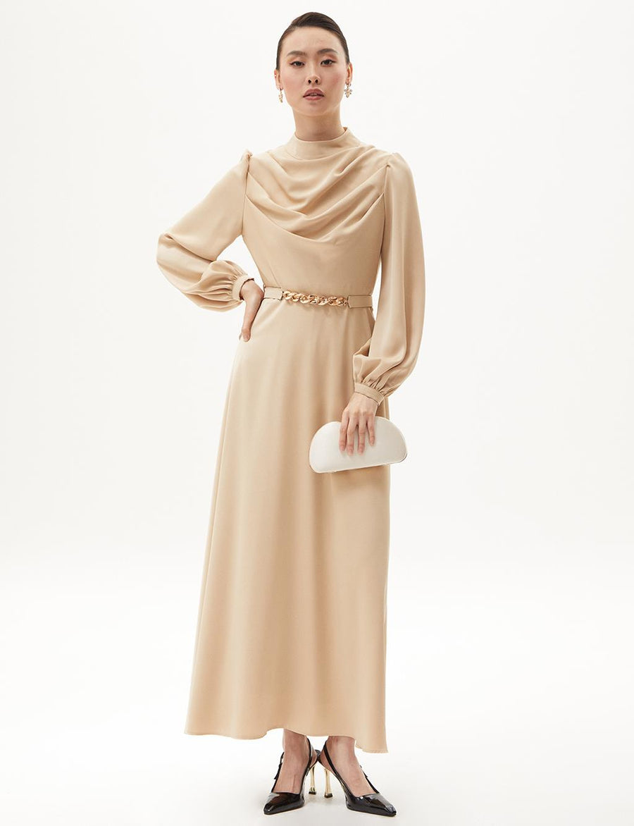 Belt Detailed Stylish Dress Beige Fınal Item - Porterist 1