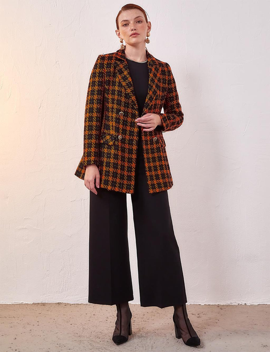 Plaid Tweed Blazer Jacket Black-Orange