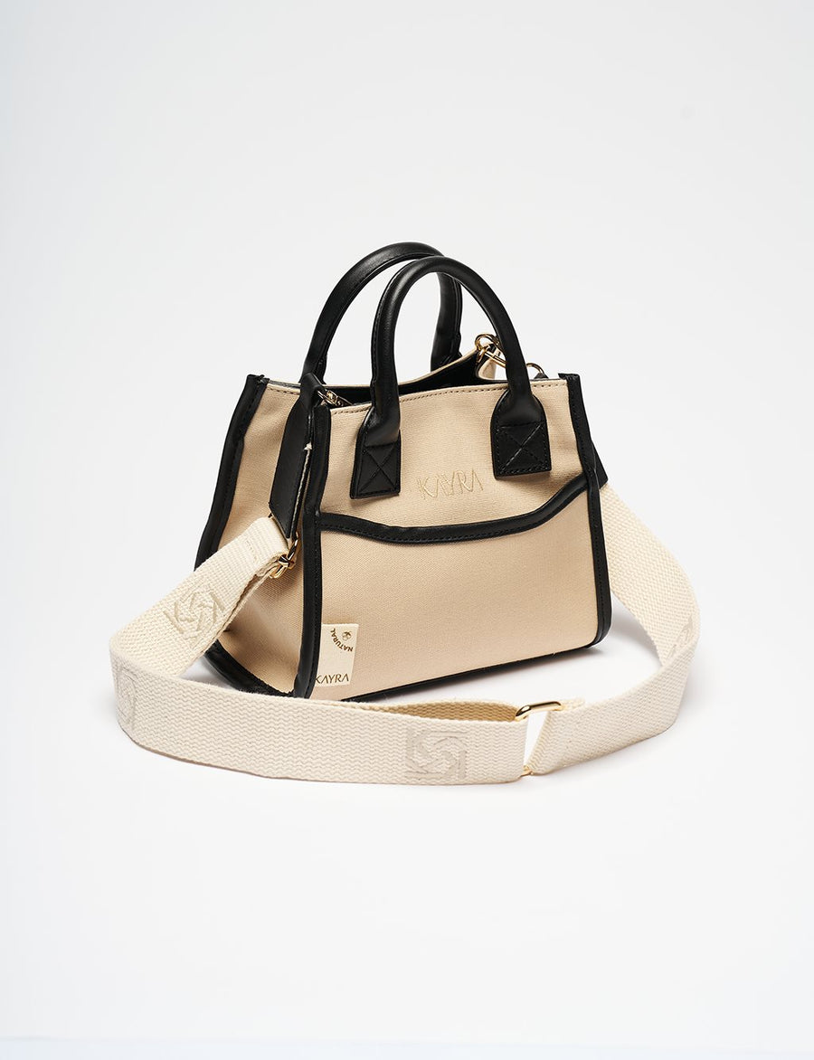 Leather Mix Tote Bag Beige-Black