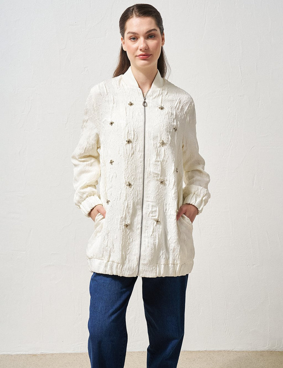 Stone Embroidered Relief Pattern Jacket Ecru