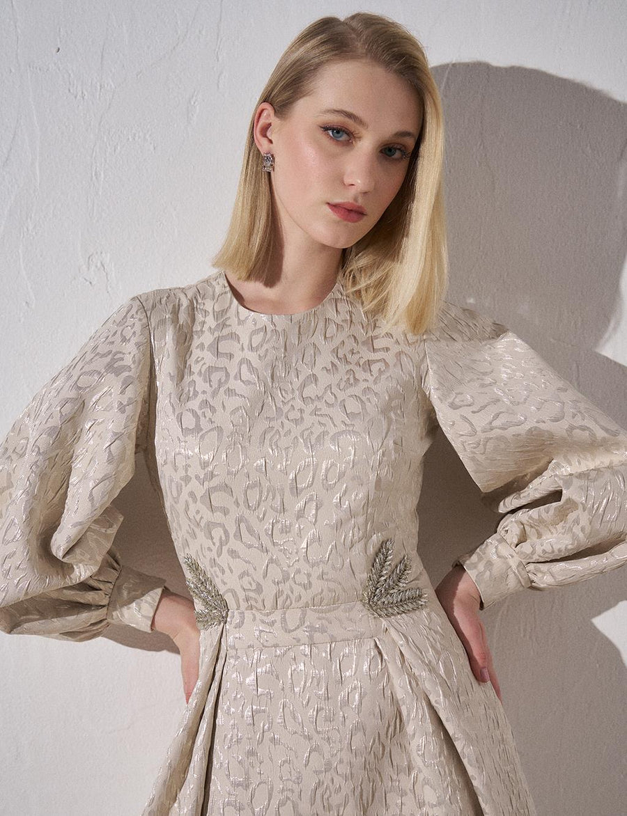 Jacquard Balloon Sleeve Dress Cream Fınal Item - Porterist 3