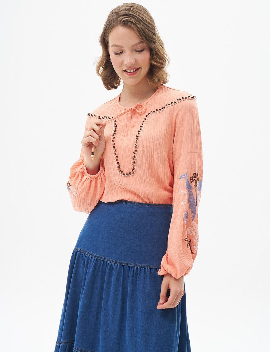 Embroidered Sequined Blouse Peach