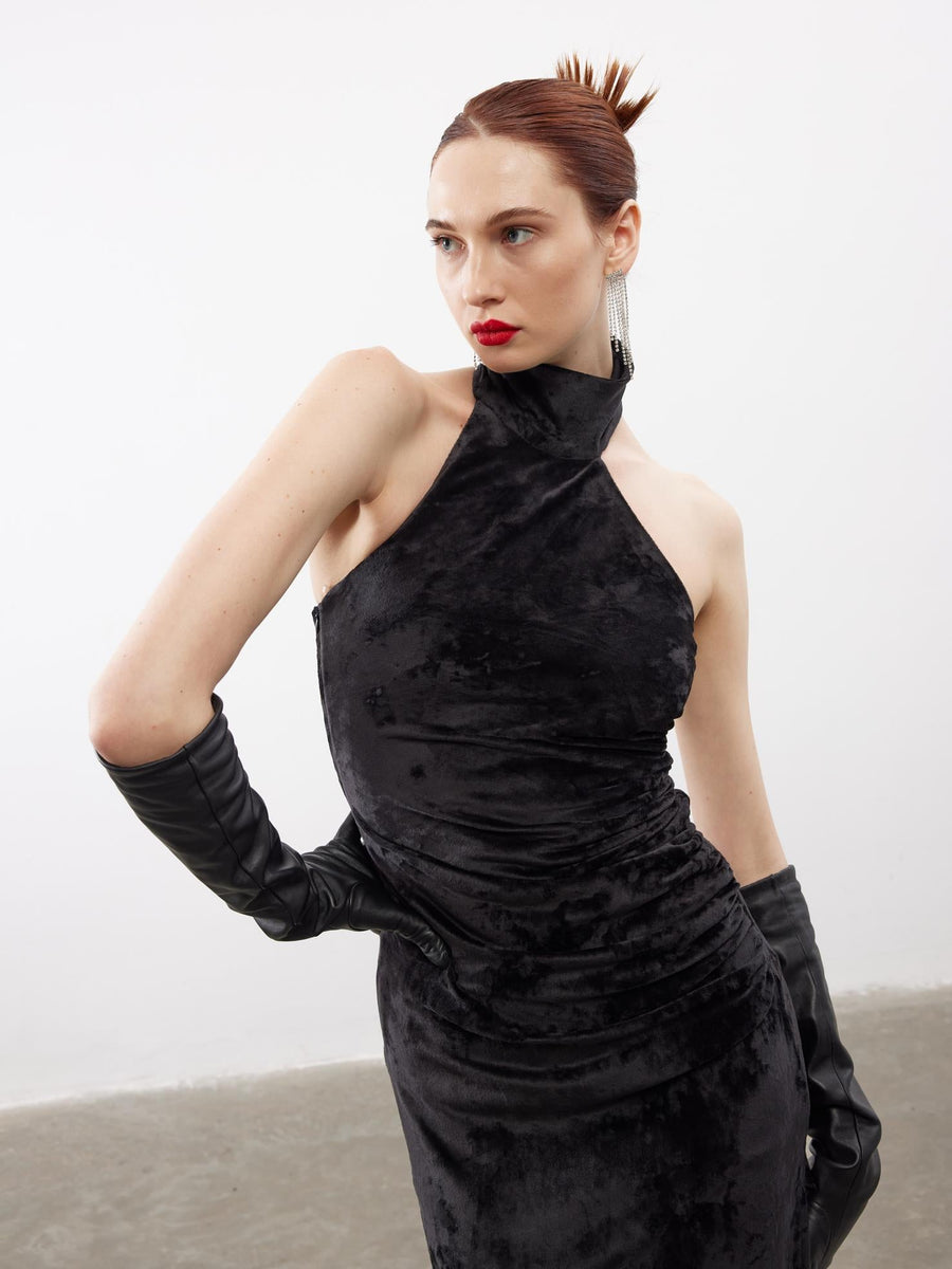 Juste Asymmetrical Collar Velvet Midi Dress Black  - Porterist 2