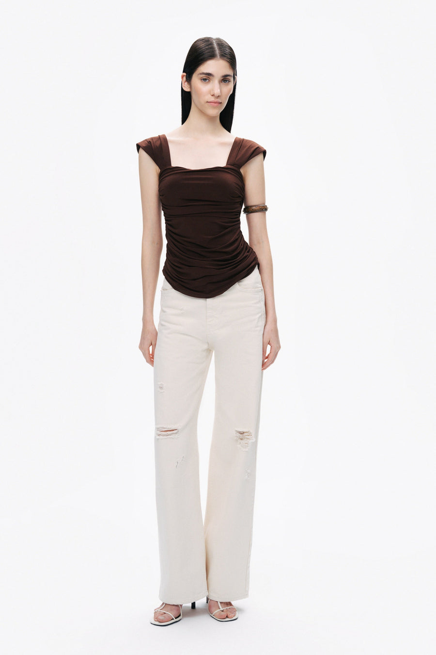 Coffee Thick Strap Draped Detail Blouse