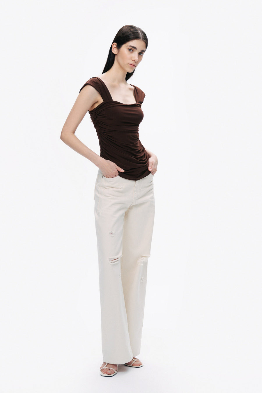 Coffee Thick Strap Draped Detail Blouse